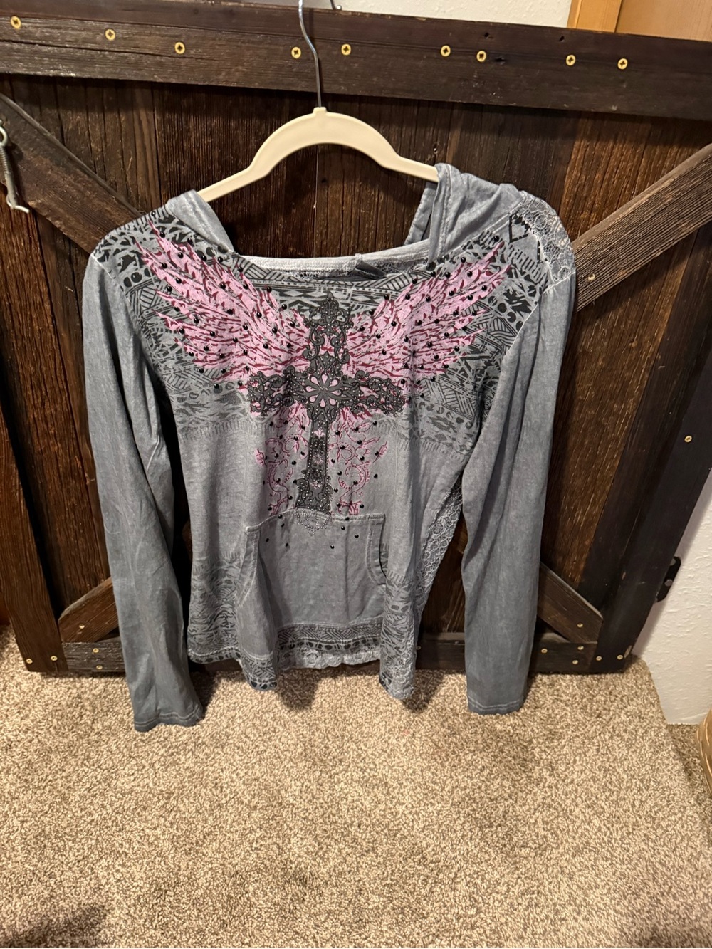 Women’s Gray Hoodie with Pink Winged Cross Detail